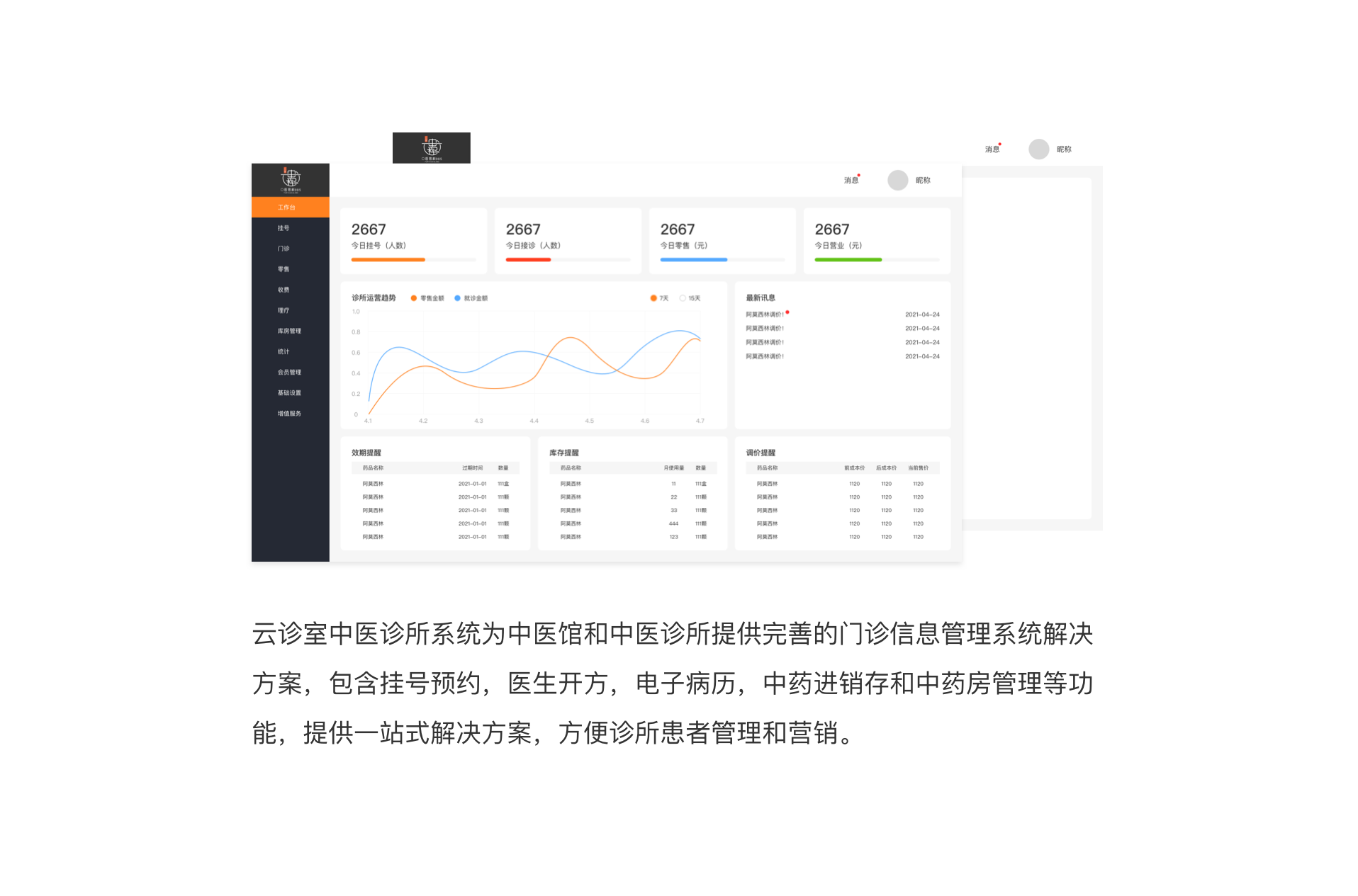 云诊室中医诊所系统为中医馆和中医诊所提供完善的门诊信息管理系统解决方案，包含挂号预约，医生开方，电子病历，中药进销存和中药房管理等功能，提供一站式解决方案，方便诊所患者管理和营销。